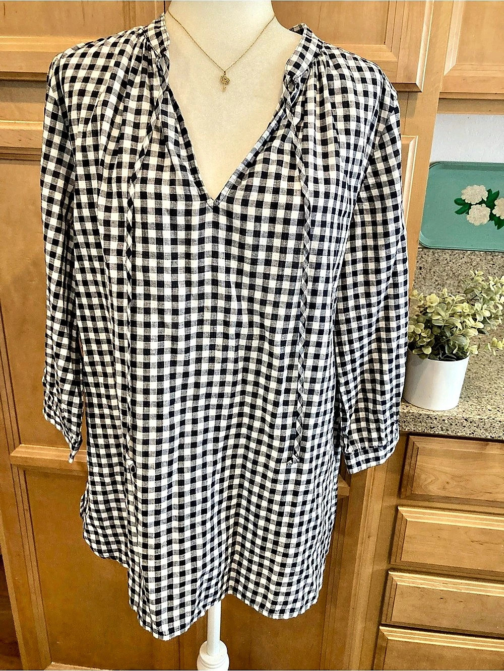 J.Crew Printed Linen-Cotton Tunic Gingham Black & White Medium
